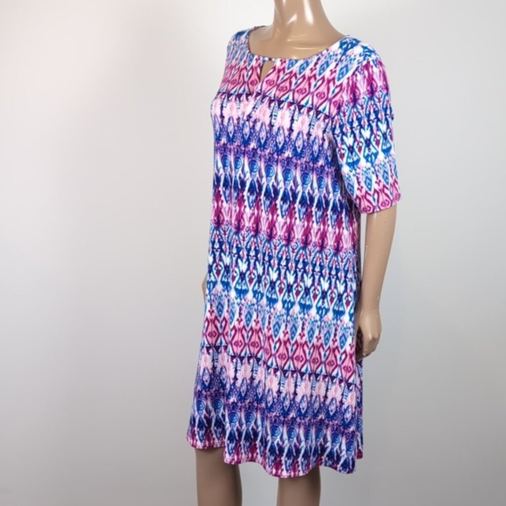 Chicos Ikat Print Dress Short Sleeve Keyhole Neck Casual Summer Jersey Stretch - Picture 4 of 13